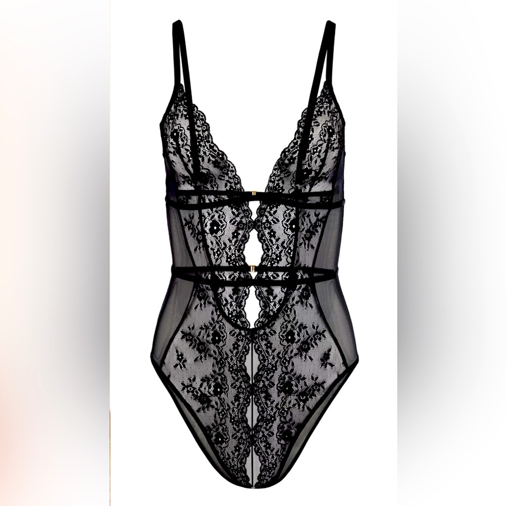 Elegant Lace Bodysuit in Black and Purple by Adore Me